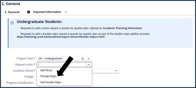 Screen shot - TSS Specializations app - request action to Change Major