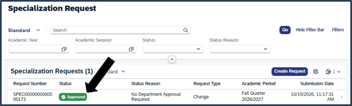 Screen shot - TSS Specializations app - shows how a new major is marked as Approved
