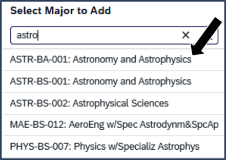 Screen shot - TSS specializations app - add double major - search and select your 2nd major name