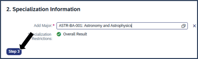 Screen shot - TSS specializations app - add double major - click here to go to step 3