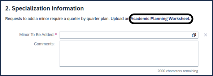 Screen shot - TSS Specializations app - add minor - where to click the worksheet link that appears
