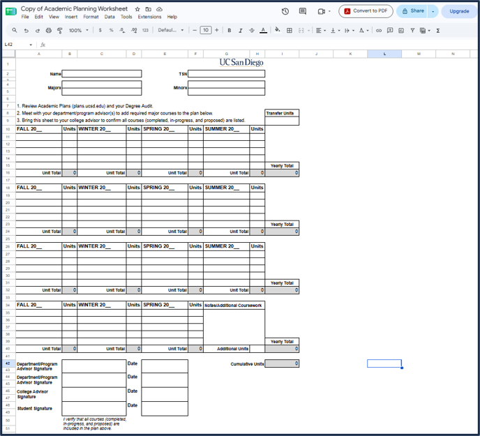 Screen shot - TSS Specializations app - what the Google doc worksheet looks like