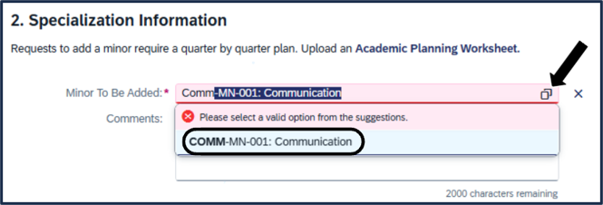 Screen shot - TSS Specializations app - add minor - where to click to search for minor names