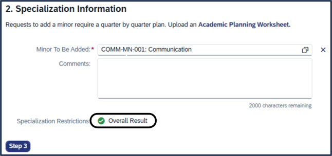 Screen shot - TSS Specializations app - add minor - showing the green checkmark after successfully choosing new minor