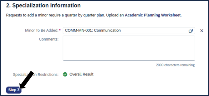 Screen shot - TSS Specializations app - add minor - click here to go on to step 3
