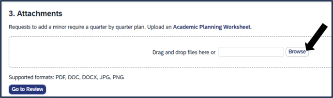 Screen shot showing the TSS specialization app - attachments screen, browse for your attachment doc