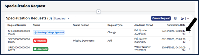 Screen shot of specialization listings in TSS