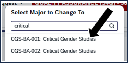 Screen shot - TSS Specializations tool - changing your major, type keywords here to search for your desired major name