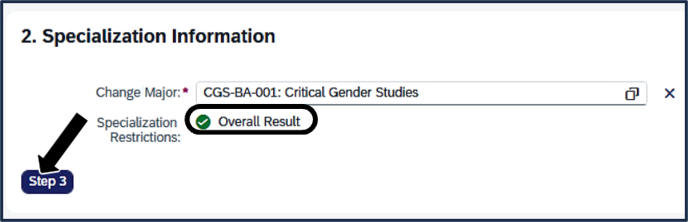 Screen shot - TSS Specializations tool - changing your major, click here to finalize your choice and go to step 3