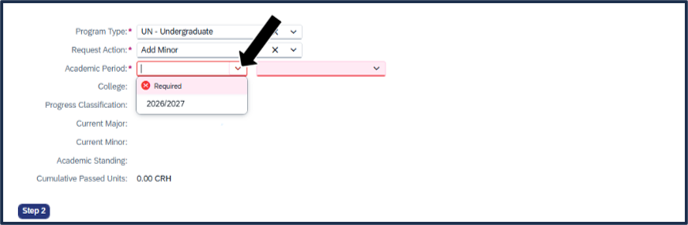 Screen shot - TSS Specializations tool - 'Academic Period' dropdown