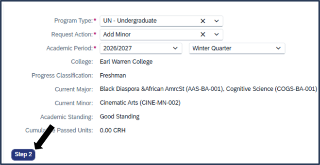 Screen shot - TSS Specializations tool - creating a request - where to click to continue to Step 2
