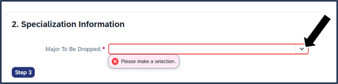 Screen shot - TSS Specializations app - drop double major - select the major to drop here