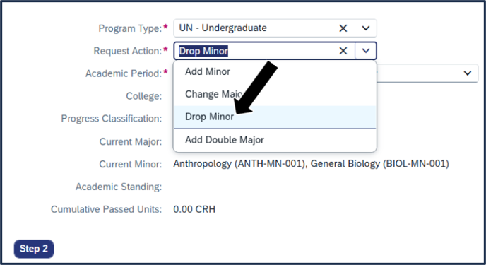 Screen shot - TSS specializations app - where to click to select 'drop minor'