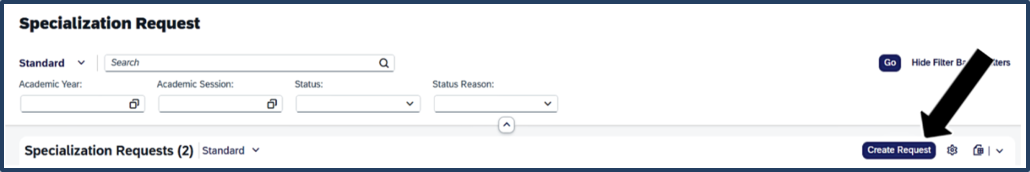 Screen shot - where to click Create Request in the TSS Specialization tool