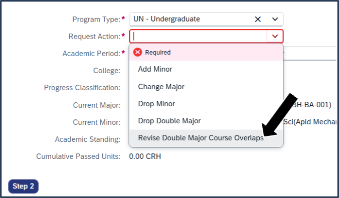 Screen shot - TSS Specializations app - choose Request Action - Overlaps