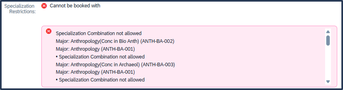 Screen shot showing a 'restricted' red block - how the TSS specialization app doesn't allow certain things to be added