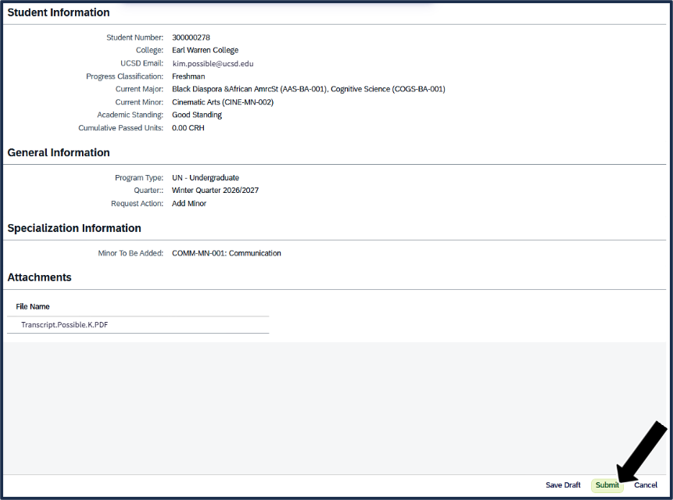 Screen shot of specialization request - where to click Submit on the review screen