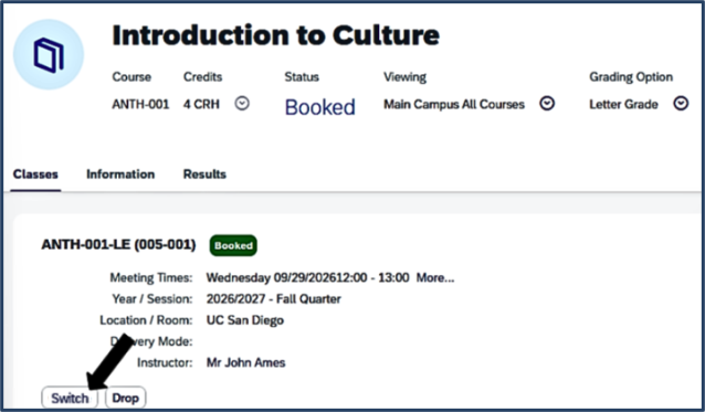 Screen shot - TSS Booking - switch sections - switch button