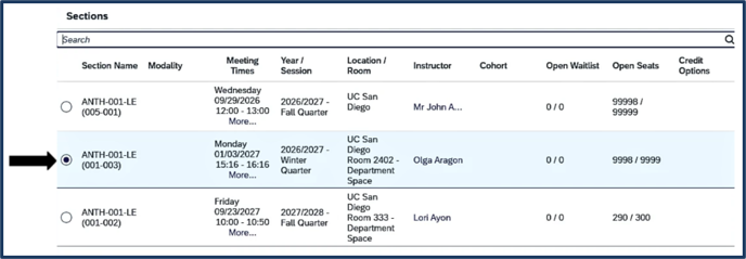 Screen shot - TSS Booking - switch sections - showing the available sections