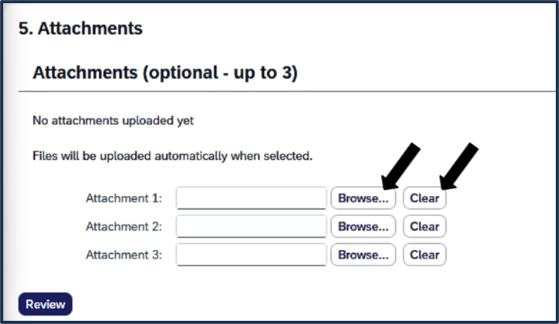 Screen shot of TEA screen - Attachments - click review button