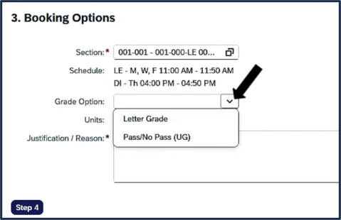 Screen shot of TEA screen - Booking Options - choose grading option
