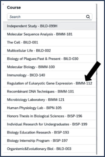 Screen shot of TEA - Course Info - courses listed