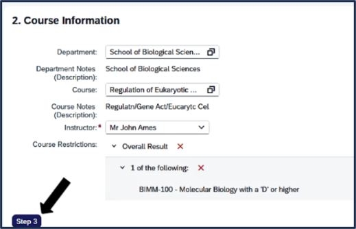 Screen shot of TEA - Course Info - go to step 3