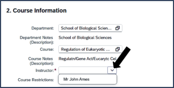 Screen shot of TEA - Course Info - choose the Instructor
