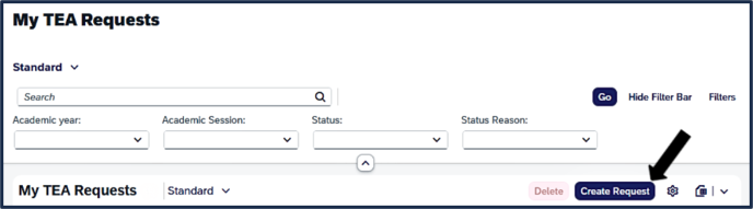 Screen shot of TSS TEA My Requests - Create Request Button