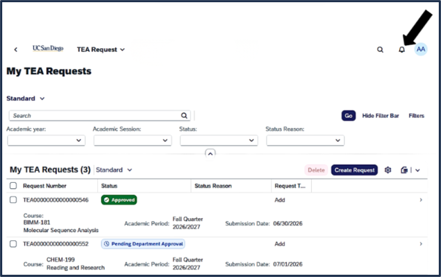 Screen shot of TEA screen - Request Status Changes