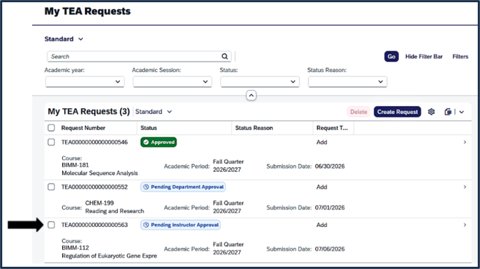 Screen shot of TEA screen - My Requests dashboard